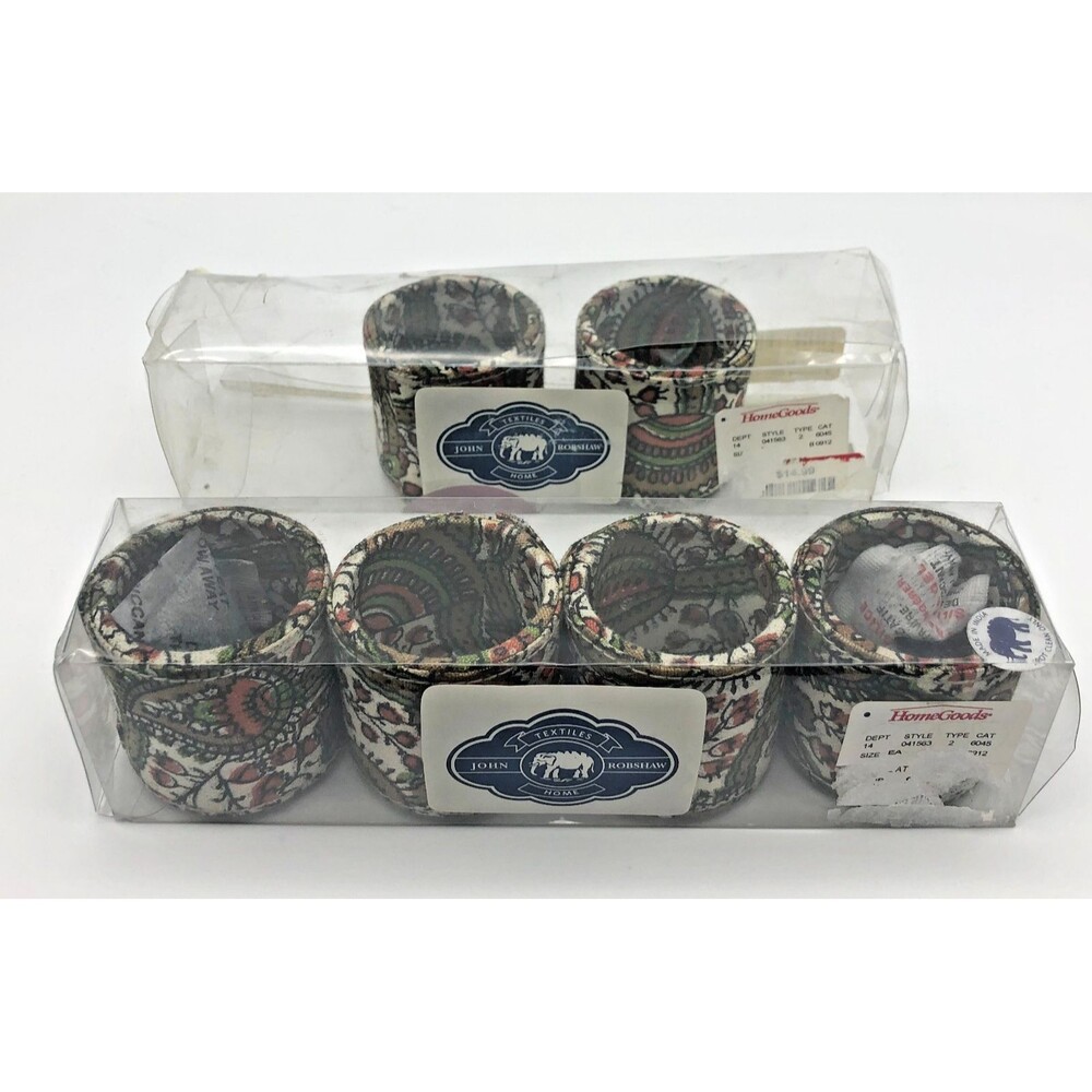 John Robshaw Textiles Home Napkin Rings Sable Paisley Fabric Set of 6 2 in NEW